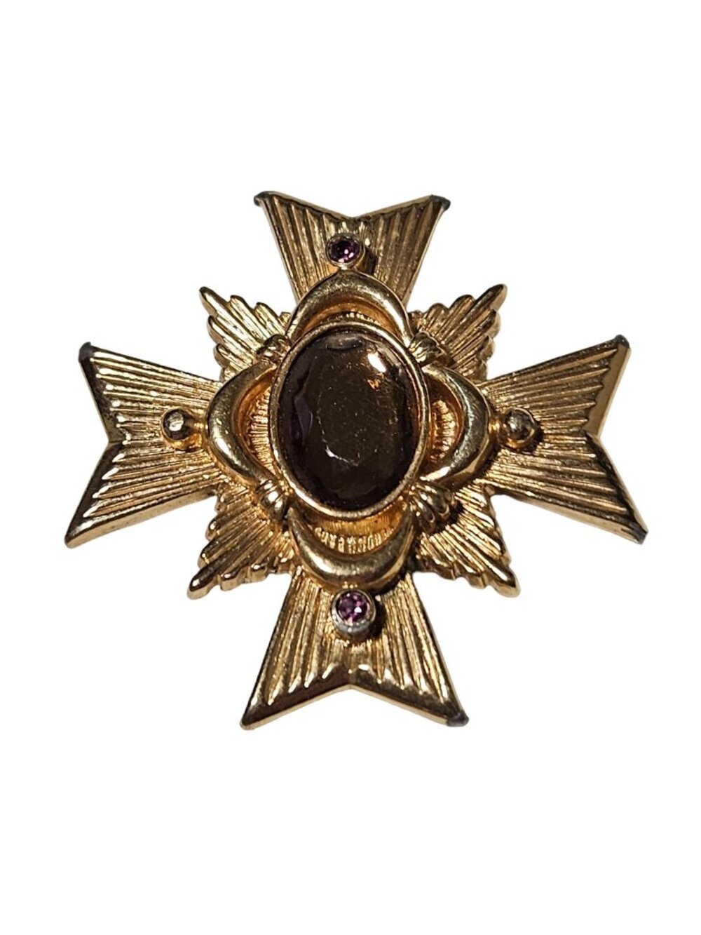 Vintage Cross Pin Brooch Brown Pink Gemstone Accents Gold Tone Religious Jewelry